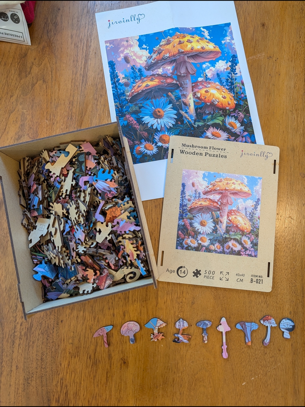 Mushroom Flower Wooden Puzzle - Orange & Blue Artwork, 500 Pieces